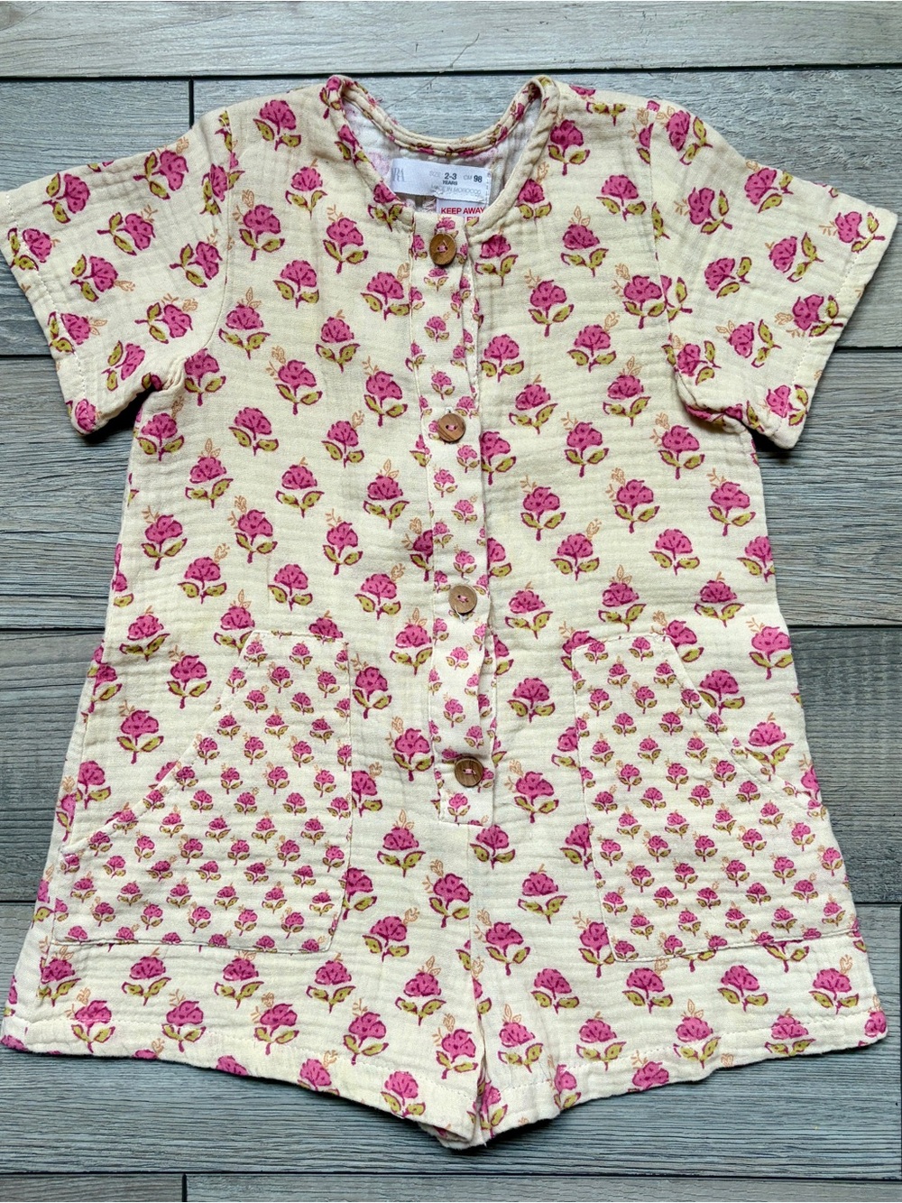 Zara Cream and Pink Floral Cotton One-Piece Romper